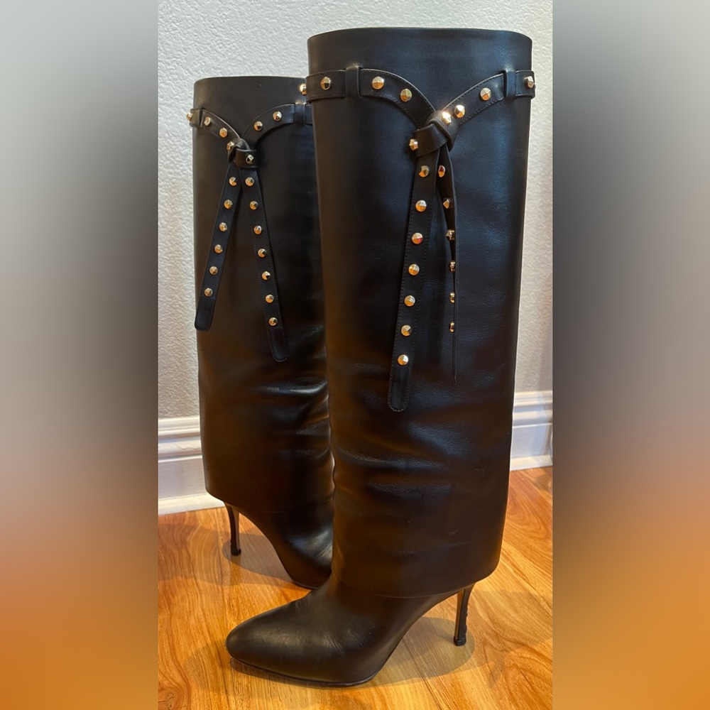 Valentino Garavani Black Rockstud Knee-High Leather High Heel Boots Size 37.5